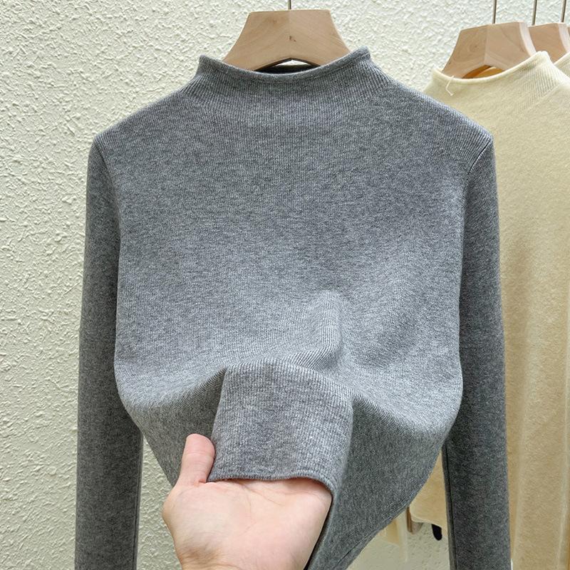 Half Turtleneck Knitted Base Shirt for Women New Autumn and Winter Thin Solid Color Inner Long-sleeved Top