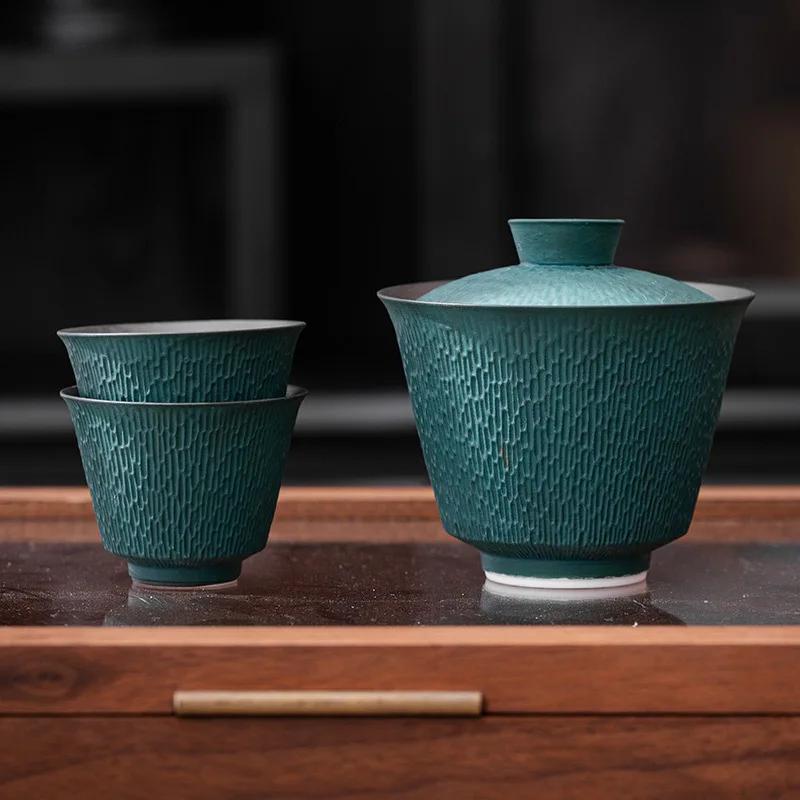 Jumping Knife Pattern Porcelain Gaiwan Set For Tea Tureen Teaware Cup Chinese Green Tea Bowls Chawan Tea Ceremony Lily Deng