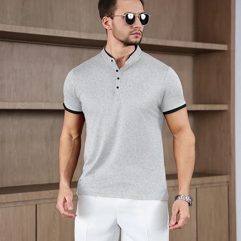 Men's Casual Fashion Solid Color Short Sleeve Stand up Collar T-shirt 2026 Summer Versatile Comfortable Top