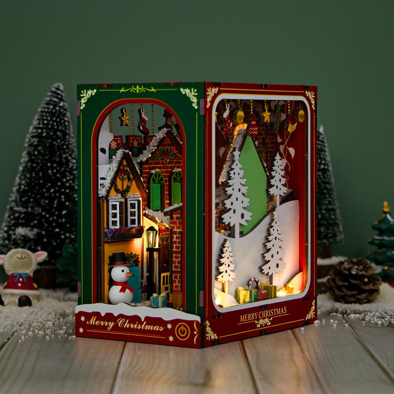 Christmas Book Nook DIY Wooden House Kit - 3D Puzzle Miniature Cabin Model, Creative Bookshelf Decor, Unique Holiday Gift Craft