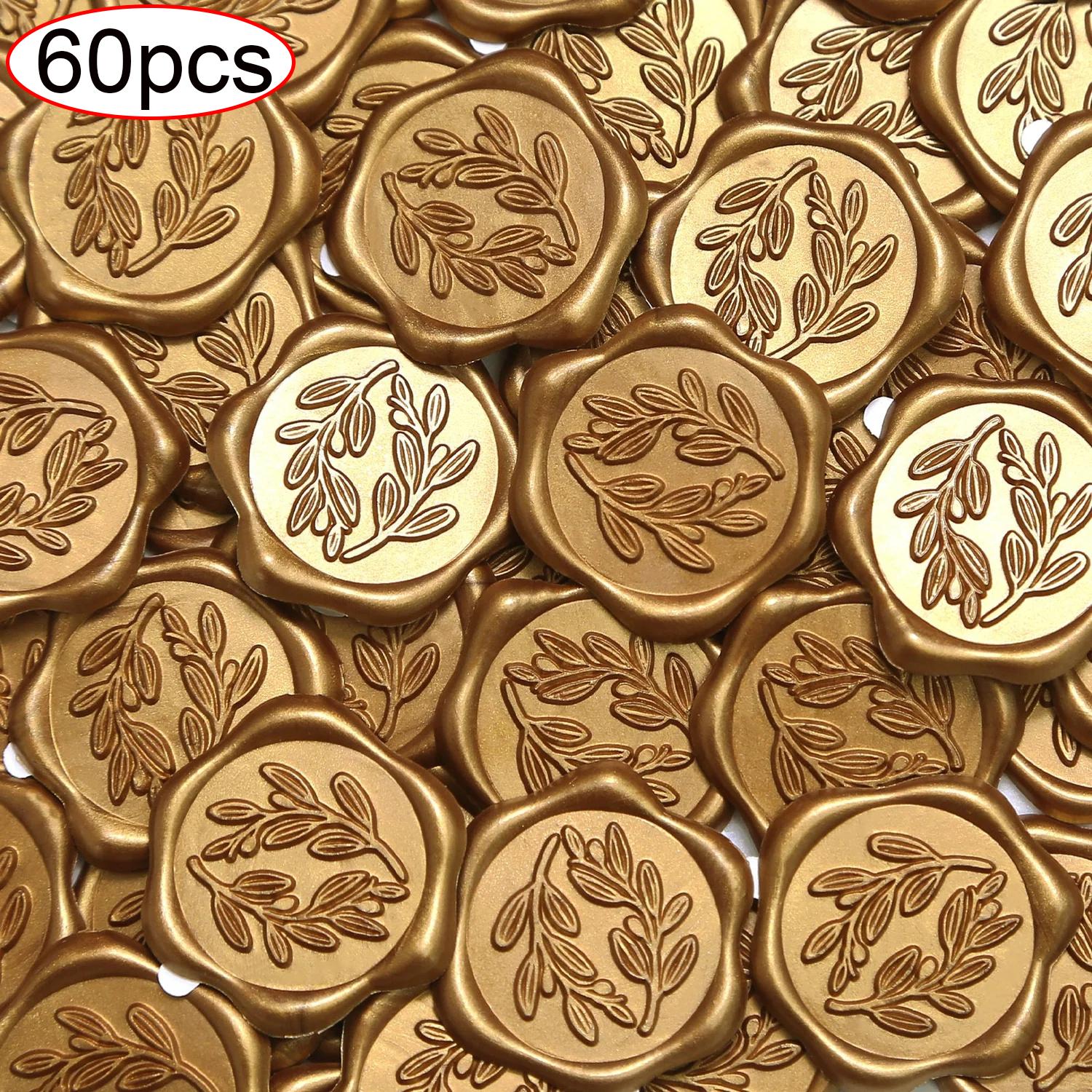 

60pcs Wax Seal Stickers - Olive Branch Wedding Invitation Envelope Seal Stickers, Self- Adhesive Prosecco Light Gold Stickers