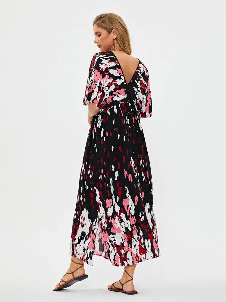 EDOLYNSA Ležérní Výstřih do V Krátký rukáv Třásně Dlouhé šaty Tunika Dámské Letní Oblečení Plážové Oblečení Plavky Zakrytí Q1498