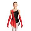 Kids Girls Latin Dance Figure Skating Leotard Sleeveless Mesh Patchwork Shiny Rhinestone Color Block with 1 Pair Gloves Competition Stage Performance
