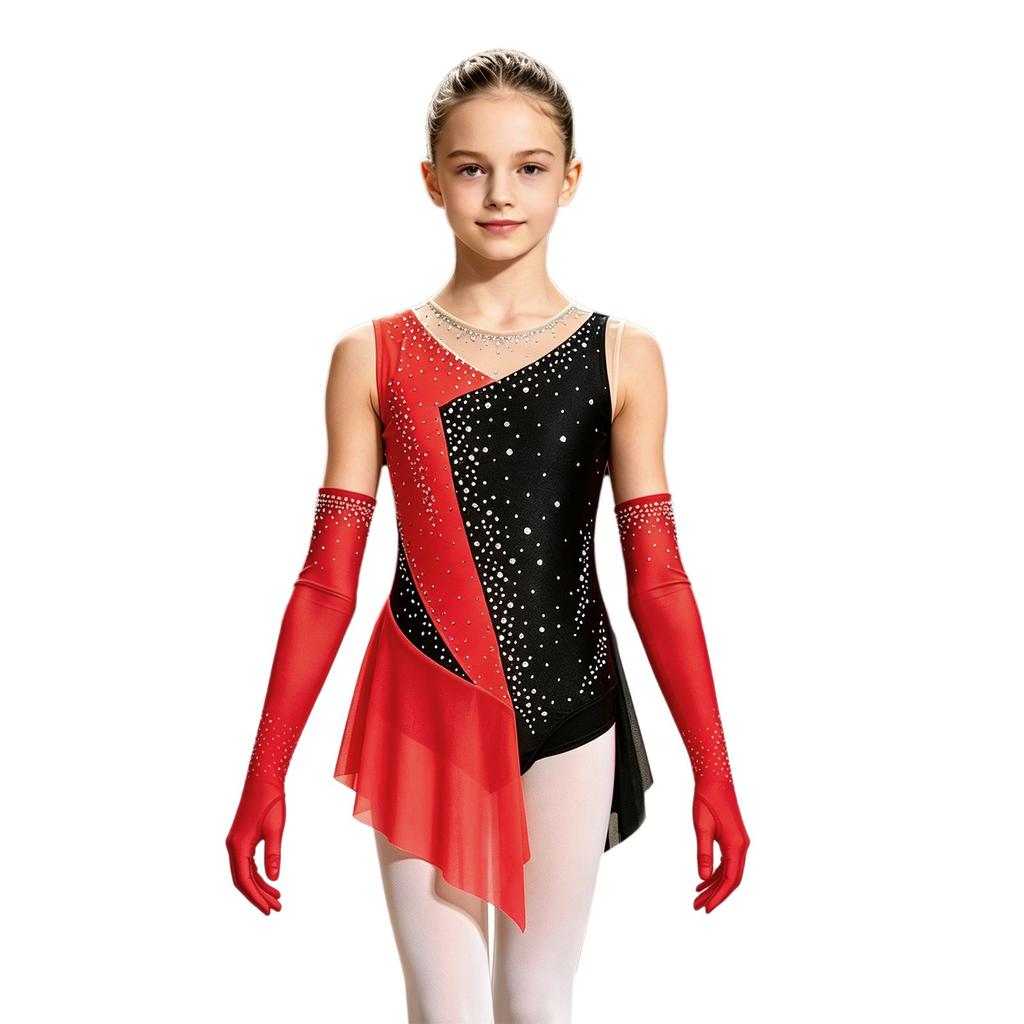 Kids Girls Latin Dance Figure Skating Leotard Sleeveless Mesh Patchwork Shiny Rhinestone Color Block with 1 Pair Gloves Competition Stage Performance