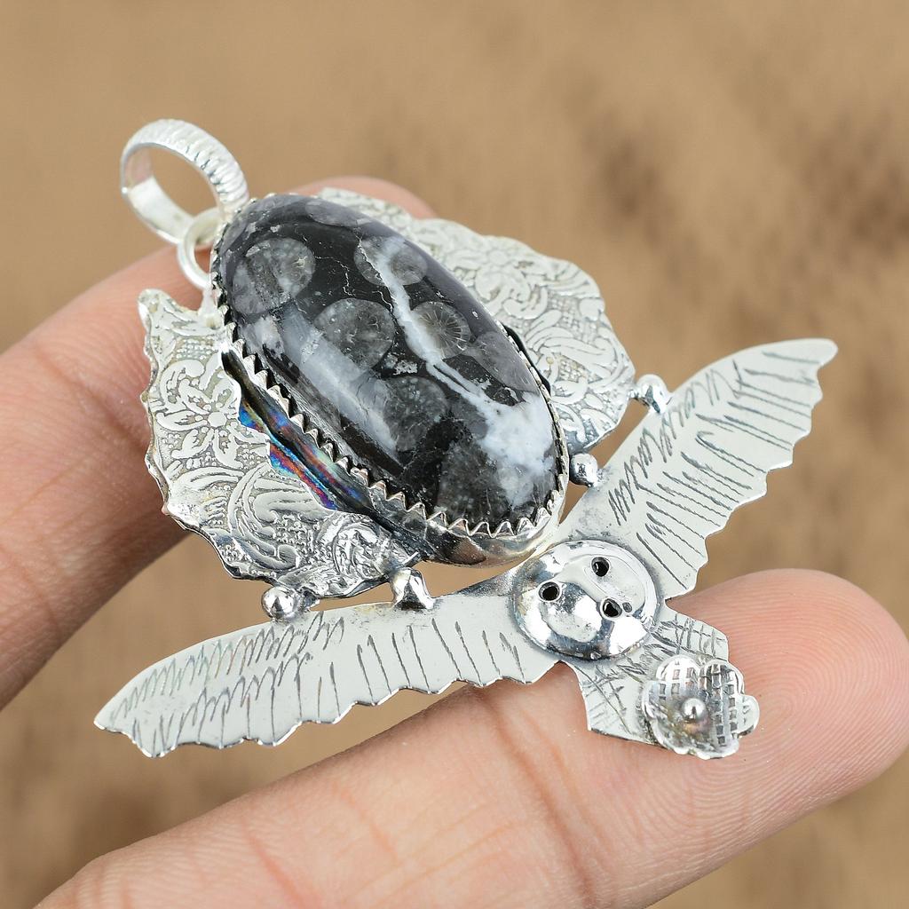 Birthday Gift For Her Natural Black Fossil Coral Gemstone Pendant Owl 925 Silver