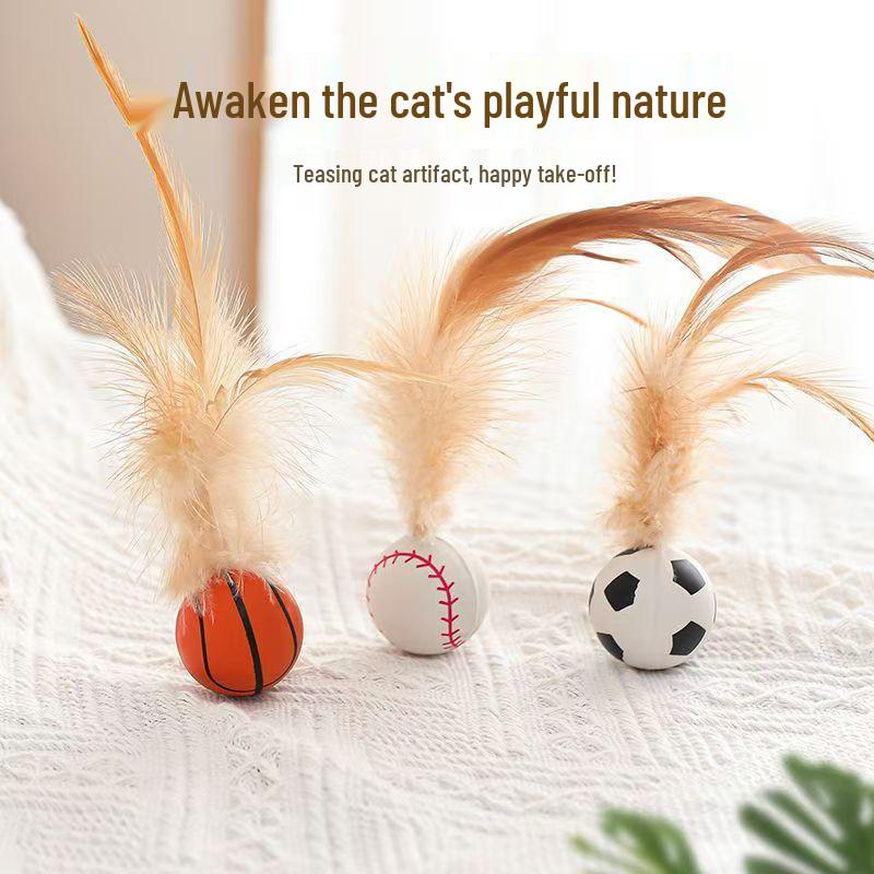 Cat Toy Interactive Bouncy Ball with Feathers - Amuse and Relieve Boredom for Kittens.