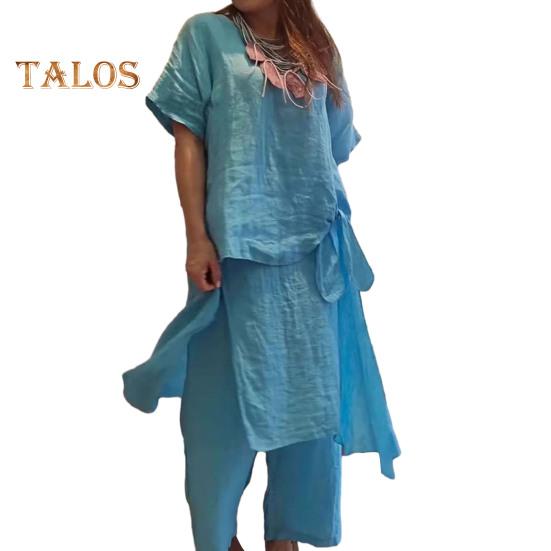 

Женский комплект из хлопка и льна, состоящий из двух предметов: короткий рукав, круглый вырез, завязка по бокам, верх и широкие брюки, повседневный комплект для отдыха XXXL светло-синий