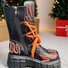 Punk Rock Boots Women Gothic Platform Motorcycle Ankle Boots with Metal Buckles and Flame Design Mid Calf Streetwear Footwear