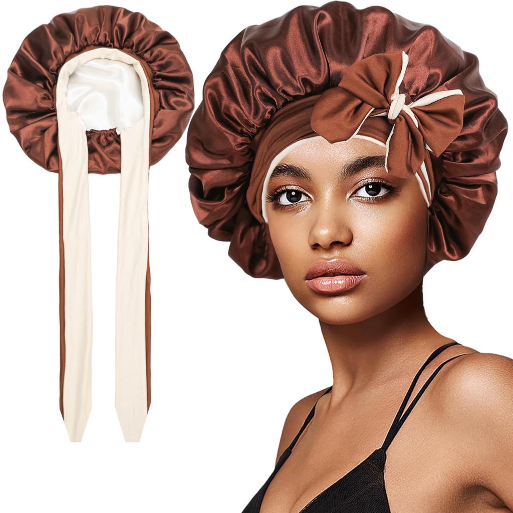 Polyester Double Layer Satin Sleep Cap With Bow Tie For Women And All Seasons Comfort