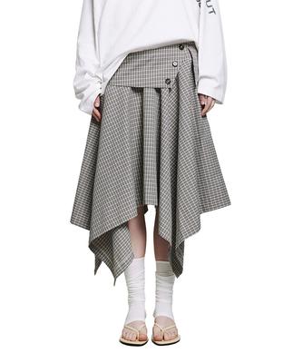 Lotaib Unbalance Button Check Skirt - Beige