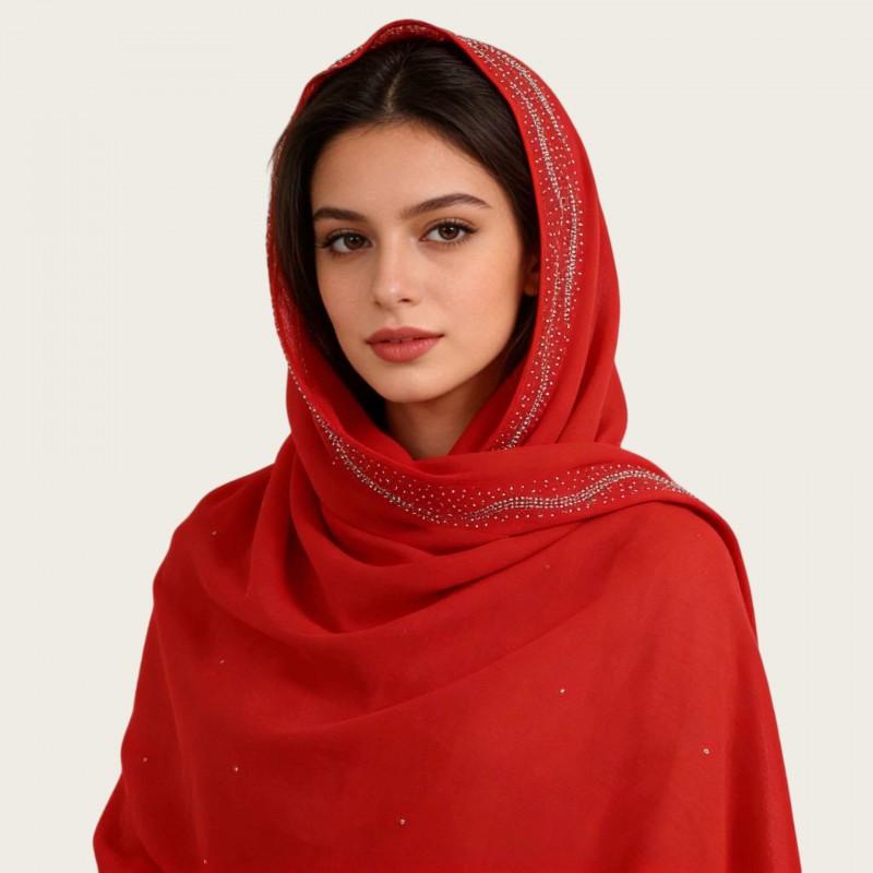Womens Chiffon Scarf With Rhinestone Pearl Embellishment Ethnic Style Long Wrap Headband Accessory Elegant Lady Fashion