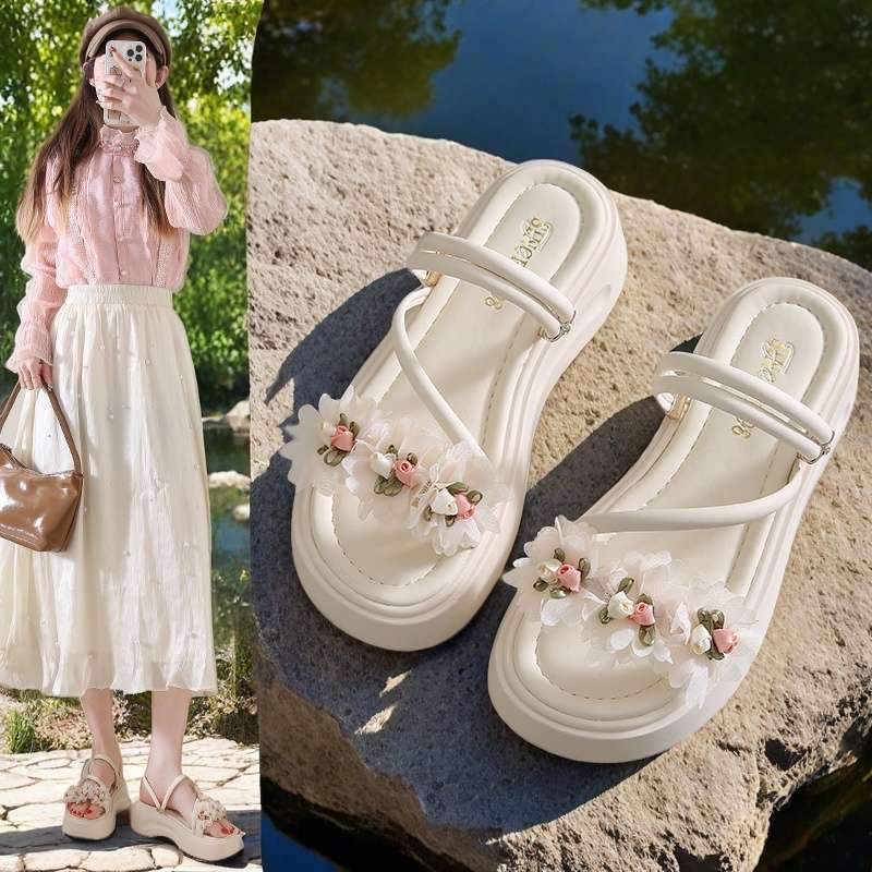 Platform sandals 2025 summer new fairy outer wear flower fashion with skirt two wear beach Roman cool slippers