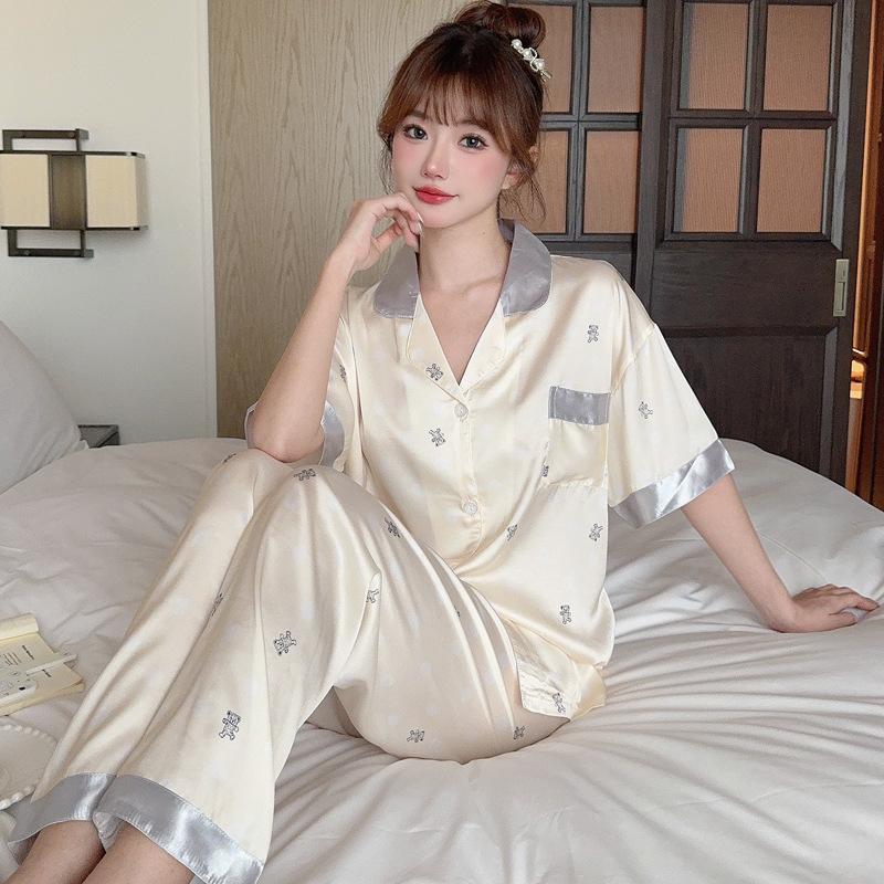 Ice Silk Pajamas Female Cute Wind Bear Summer High-End Cartoon Short-Sleeved Trousers Loungewear
