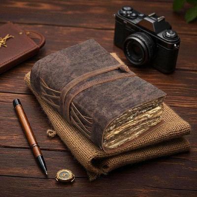 Ručně vyráběný Vintage deník Kožený cestovní zápisník – Starožitný papír s ručně řezanými okraji, Zapisovací deník