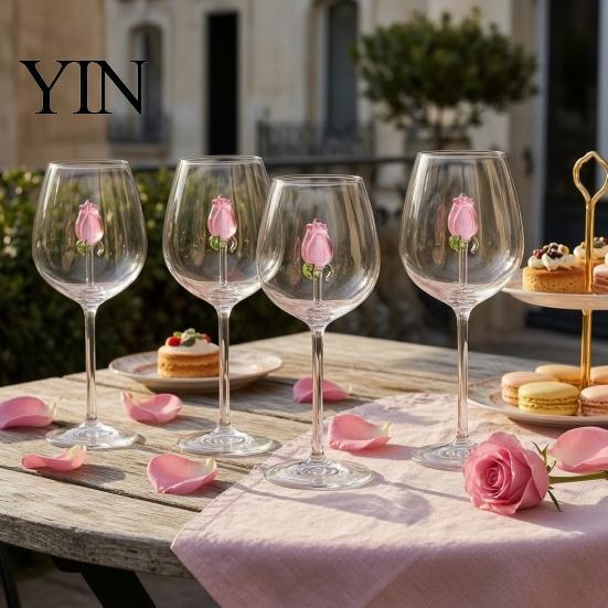 Rose Decorated Goblet Red Wine Glass with Roses And Green Leaves Decorated, Clear Romantic Cups Decorative Glass, Elegant Crystal for Dinners Parties