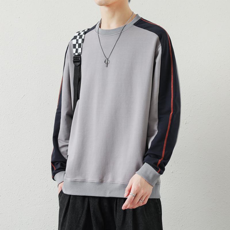 

Spring Autumn Round Neck Patchwork Loose All-match Sweatshirt Male Casual Fashion Pullovers Bottomed Top Men M серый