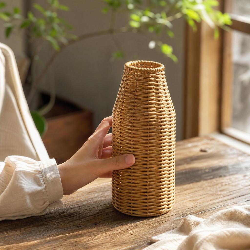 Rattan-Look Plastic Vase Long-Lasting for Reading Nook