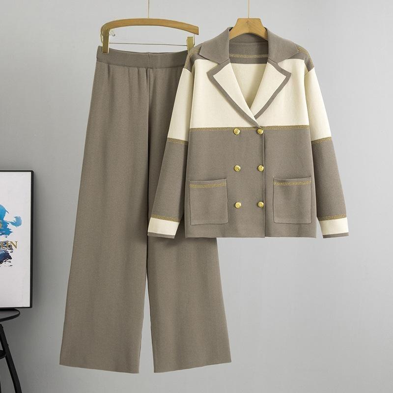 Completo da donna taglie forti con colletto e pantaloni a gamba larga, autunno, nuovo, doppiopetto, in maglia