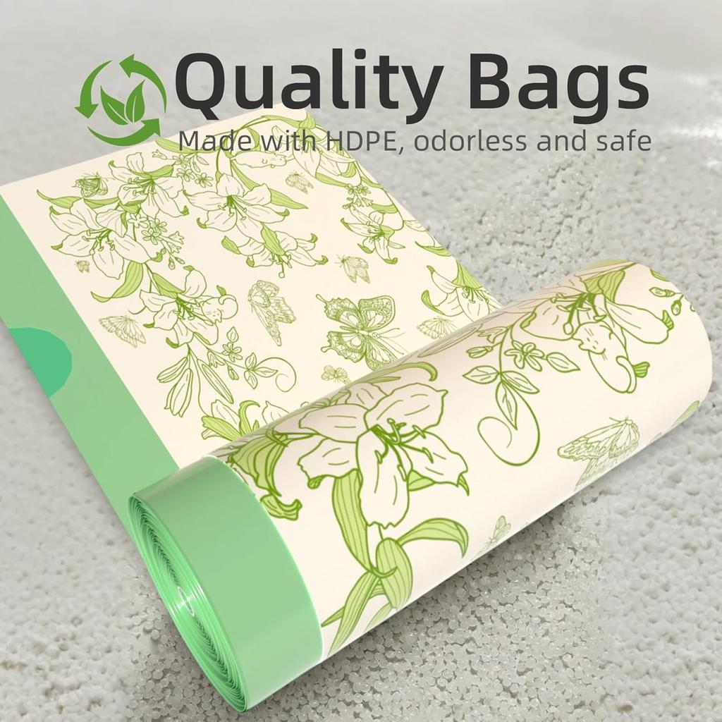 4 Gallon Trash Bags, Small Garbage Bags with Drawstring and Printed Lily Design, Tear-Free, Leakproof & Durable Small Trash Bags for Bathroom,