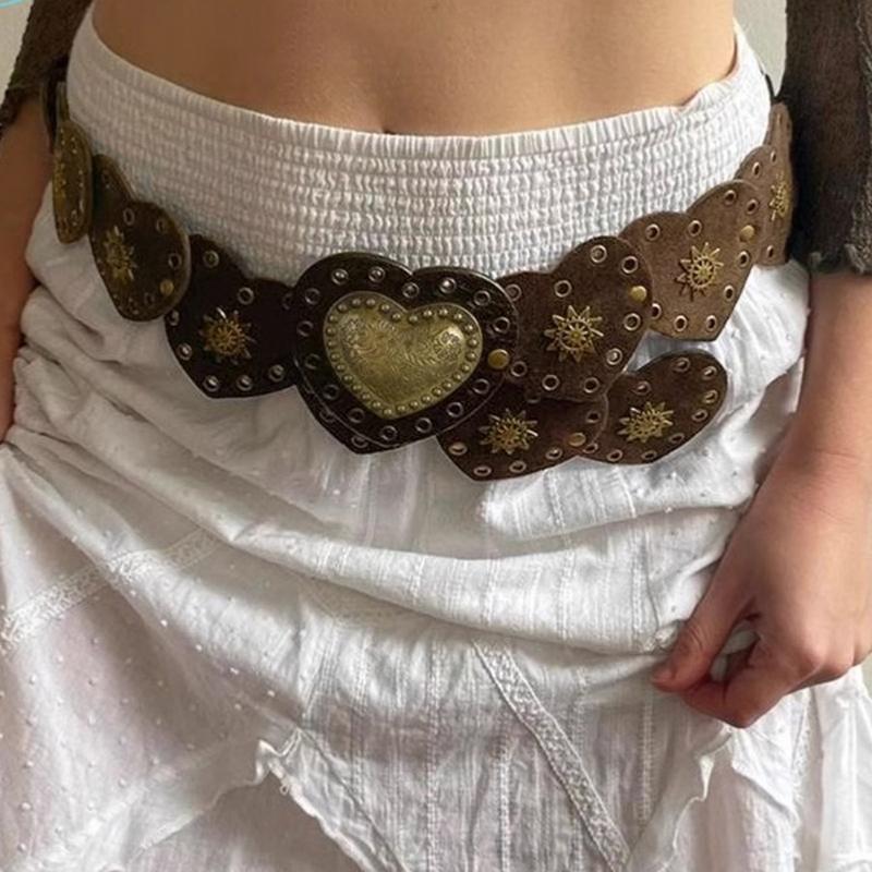 High Quality Heart Pu Belt Retro Large Heart Buckle Belt Women'S Belt Western Denim Wide Rivets Steampunk Decorative Belt