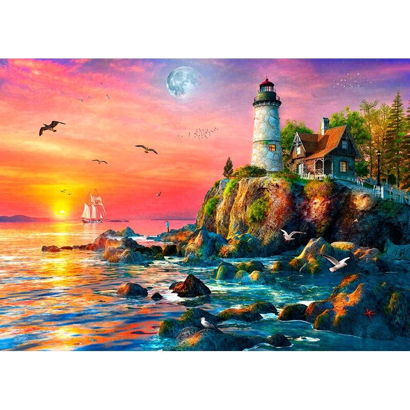 New 5D DIY Diamond Painting Lighthouse Diamond Embroidery Scenery Rhinestones Full Round Drill Craft Home Decor Art Gift
