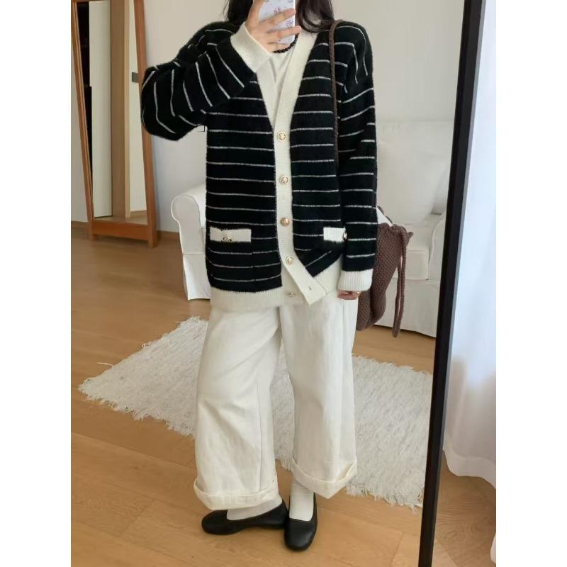 

Autumn College Style Chic Contrast Colour Collar Knitted Cardigan Student Loose Lazy Style Sweater Women s Jacket one size fits all чёрный