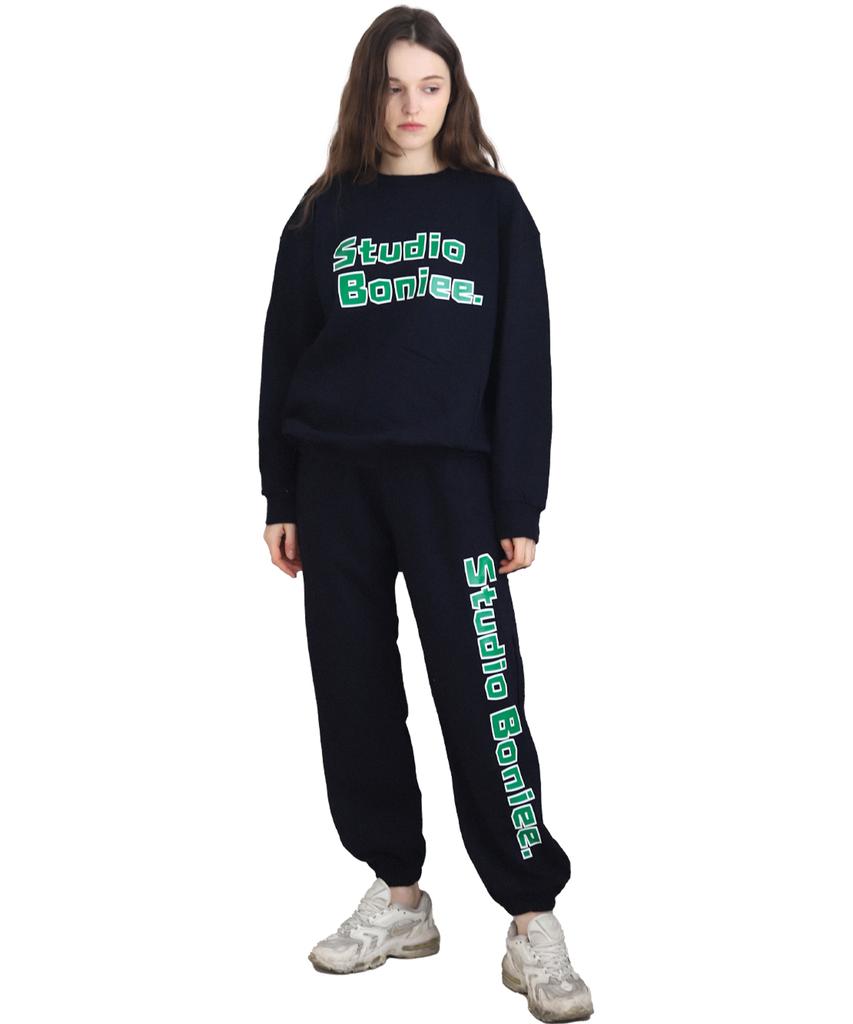 BONIEE [Fleece Lined] Block Typo Jogger Elastic Pants Navy
