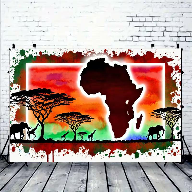 2D Red Green Splash Ink African Wildlife Backdrop Savanna Landscape Party Decor Background Cloth 47.2x31.5inch/120*80cm