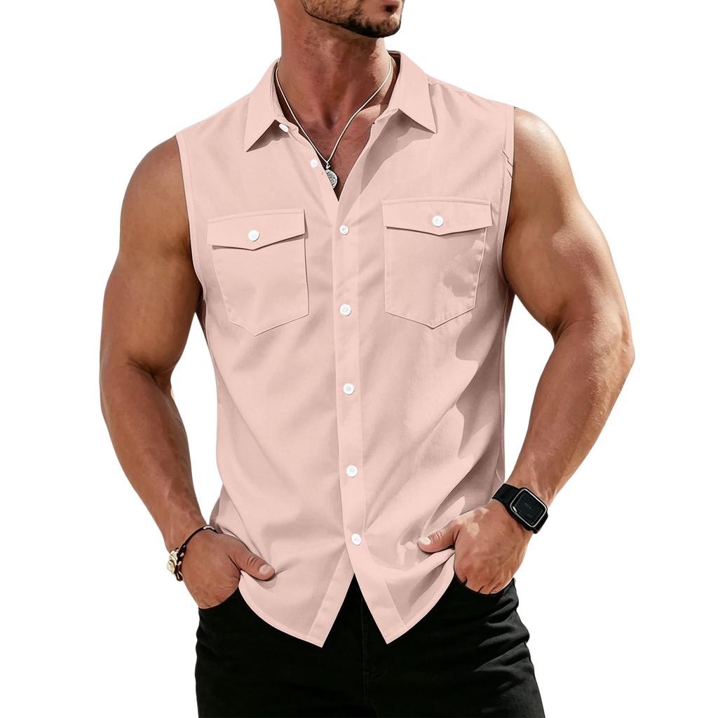 Men's Workwear Lapel Button-Down Vest Shirt - Lightweight Sleeveless Top