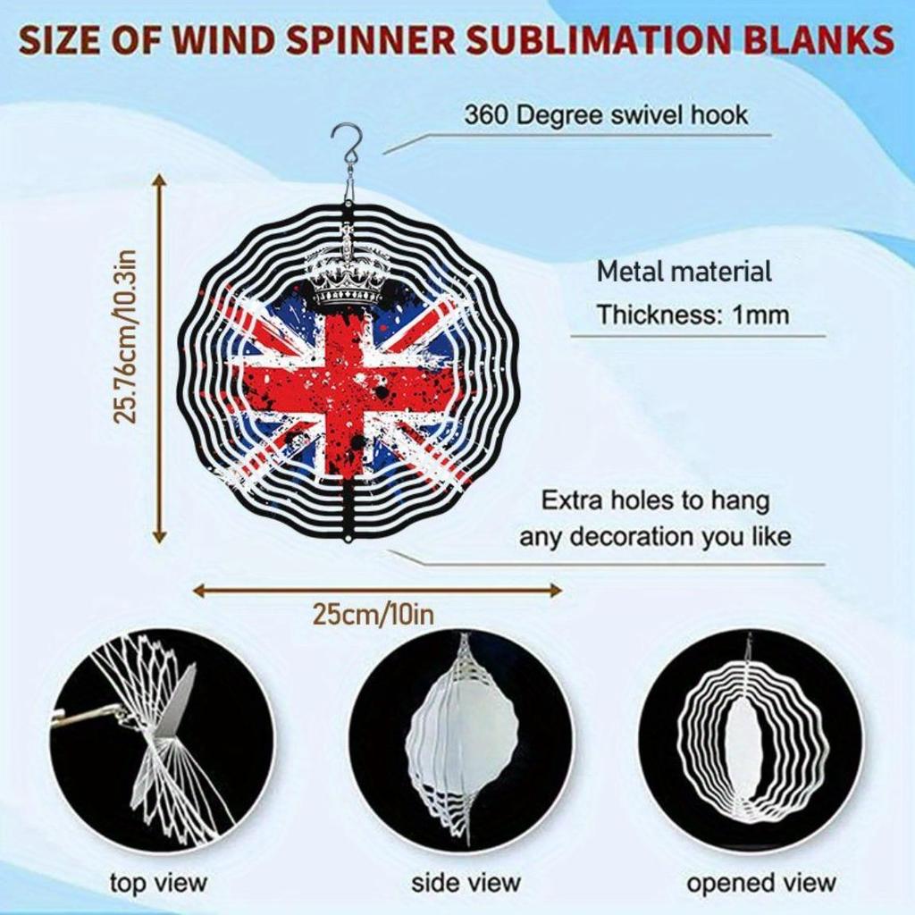 Metal Art Windmill Outdoor Decor British Flag Crown Pattern Wind Spinner 3D Dynamic Garden Art High Quality Sublimated Windmill for Home Yard