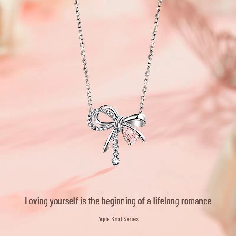 S925 Luxury Silver Butterfly Knot Necklace - Elegant Gift for Women платиновый/розовый