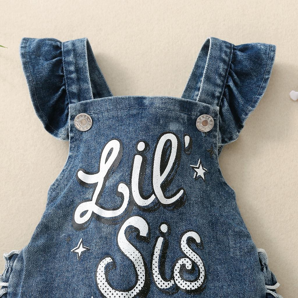 Baby Mädchen 2-teilige Sommeroutfits Fliegenärmel Buchstabenprint Denim Strampler mit Stirnband Set Säuglingskleidung