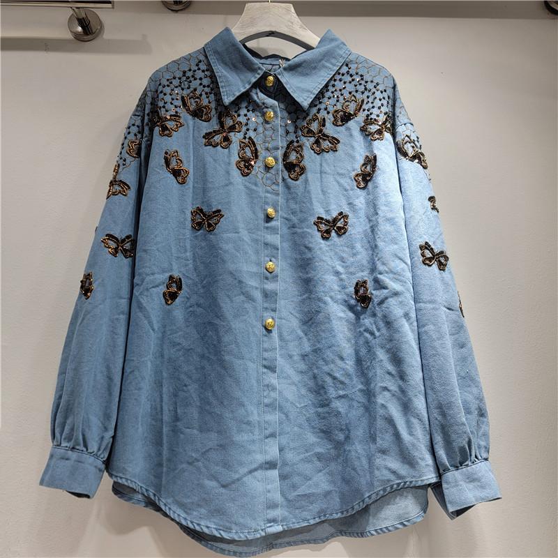 Heavy Industry Bead Butterfly Embroidered Denim Shirt Women's Early Spring New Lapel Loose Jacket Light Luxury Top
