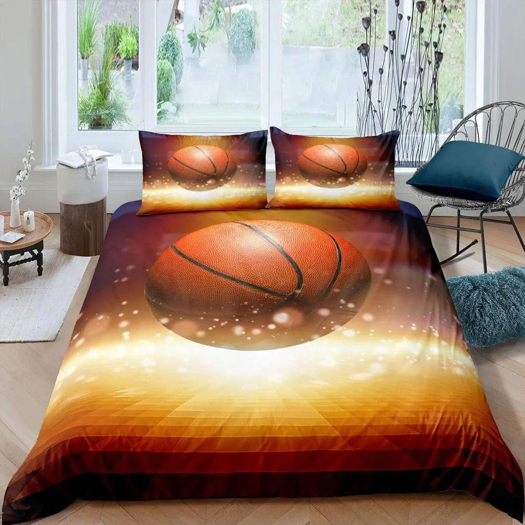 Basketball Duvet Cover Set Black 3D Ball Sports Theme Bedding Set Microfiber Basketball Court Competitive Games King Quilt Cover