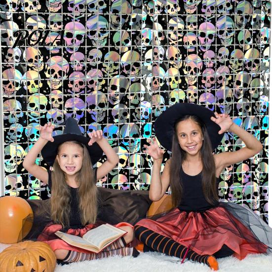 Decorative Festive Curtain Halloween Skull Foil Fringe Curtain, Iridescent Disposable Tablecloth, Pattern Party Decor Table Cover Tinsel Backdrop for