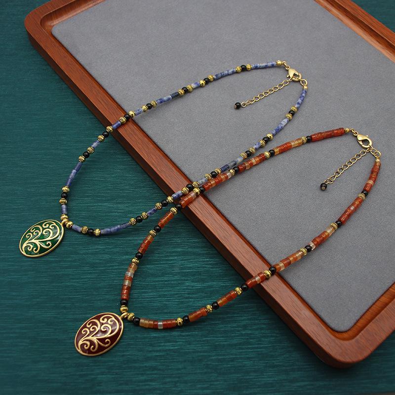 Retro Enamel Glaze Clavicle Necklace with Agate Beads