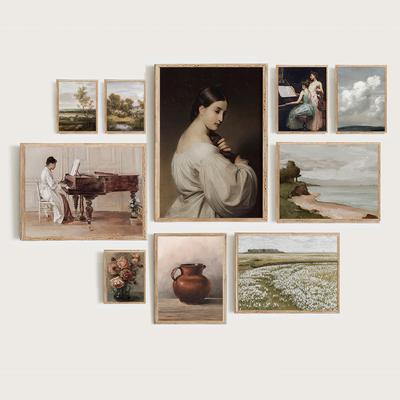 Vintage Portrait Wall Art Poster And Print French Woman Playing Piano Farmhouse Canvas Painting Decoration Living Room Home Art