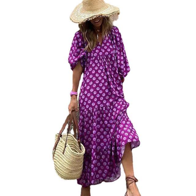 2022 Summer Trendy Geometric Puff Sleeve Dress, Plus Size Women's Fashion.