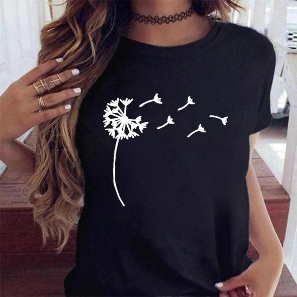 New Dandelion Printed Women's T-shirt Cartoon Pattern Printed Black Women's T-shirt Casual Women's Shirt Fun T-shirt