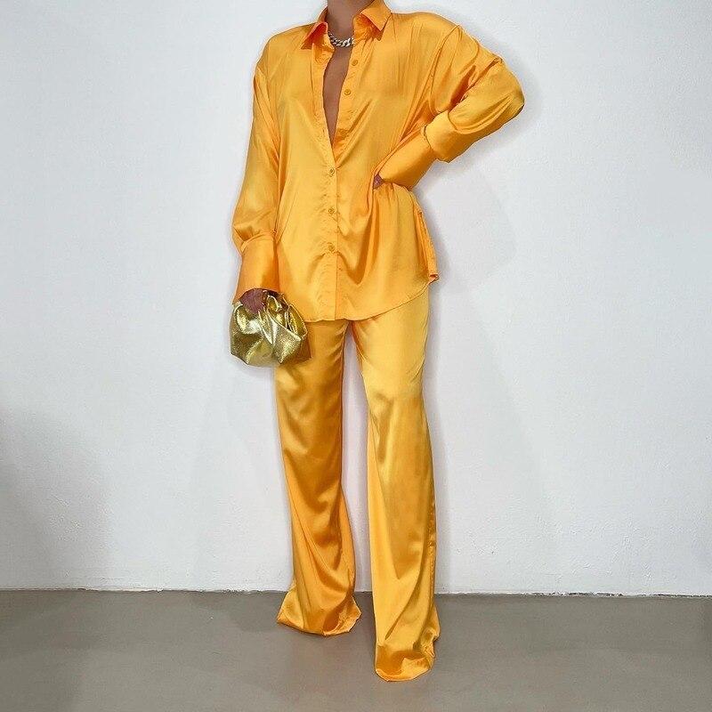 Casual Loose Satin Blouse Women Sets Elegant Long Sleeve Two Pieces Outfits Women Shirt Straight Pants Suit Female Solid Tops