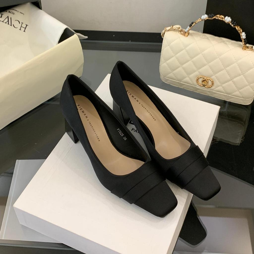 French satin square head thick heel high heels women's 2025 new champagne bridesmaid shoes fairy style temperament