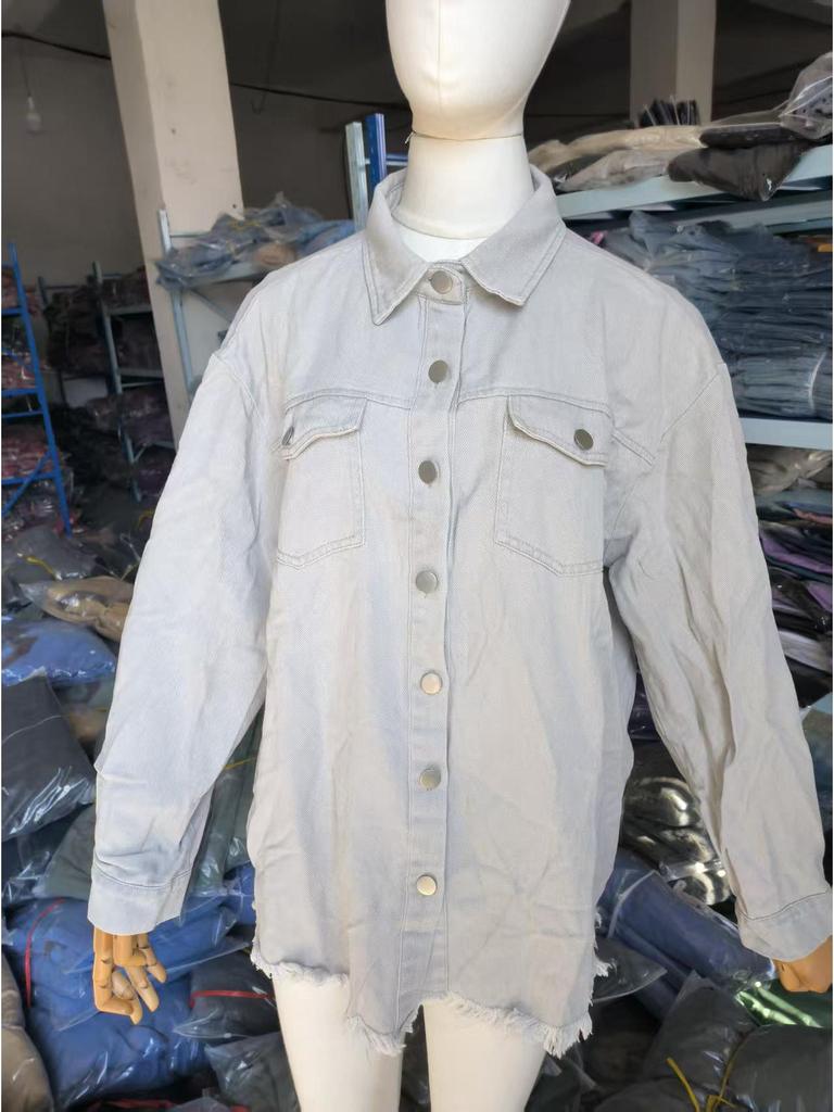 Women's Frayed Hem Denim Shirt Jacket - European & American Street Style for Autumn/Winter.