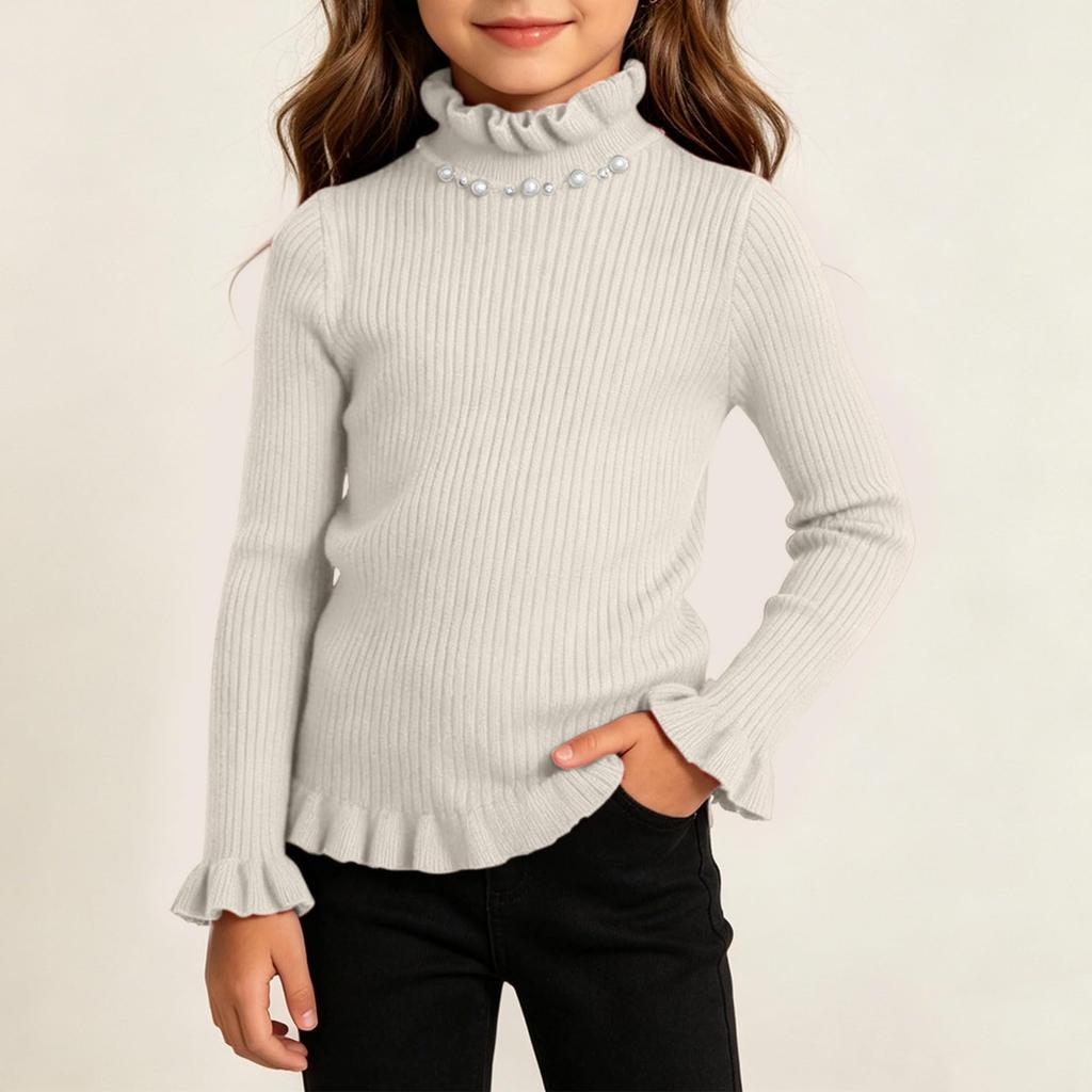 Girls' Color Knit Top with Lace Collar - Casual Pullover for Daily Wear
