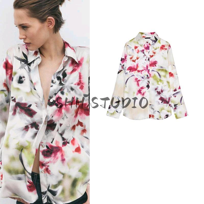 Spring New Women's Clothing Fashion Casual Retro Florals Print Silk Satin Texture Loose Shirt 2483194