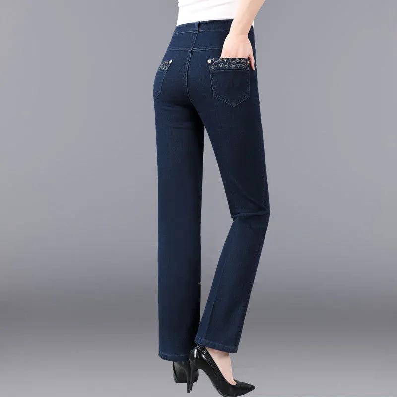 Women's Spring/Fall Commuter Jeans Mid-Waist Plus Size Slim-Fit Stretch Straight Leg Pants for Mothers and Older Women