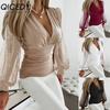 Women's Fashion Casual Solid Color Print Long Sleeve V Neck Blouses & Shirts
