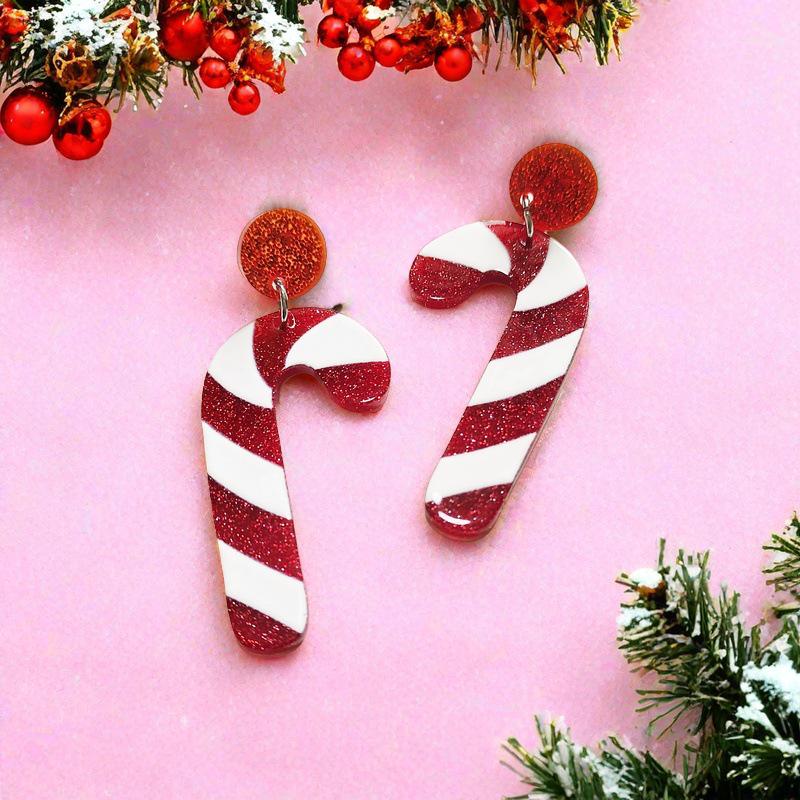 Christmas Cartoon Style Heart & Snowflake Earrings with Candy Cane Design