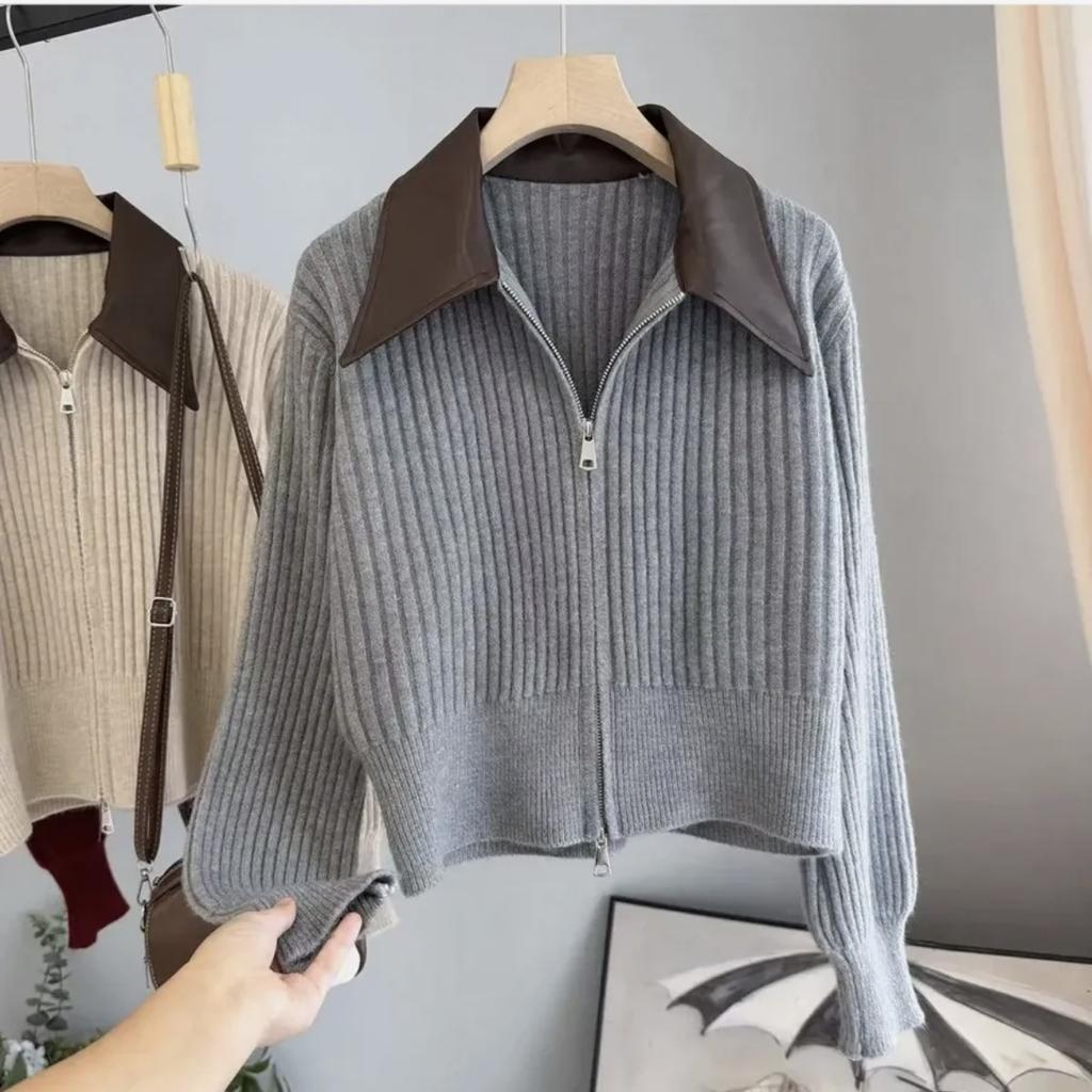 Premium lapel sweater jacket women's autumn and winter new zipper short outer wear temperament knitted cardigan top