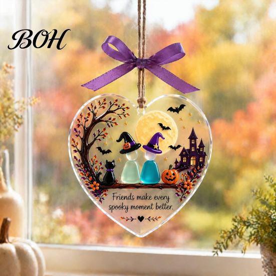 Spooky Seasonal Home Accents Friendship Halloween Glass Ornament, Acrylic Heart Hanging Decor with Witch Shaped Ornaments Cat Pumpkin, Colorful