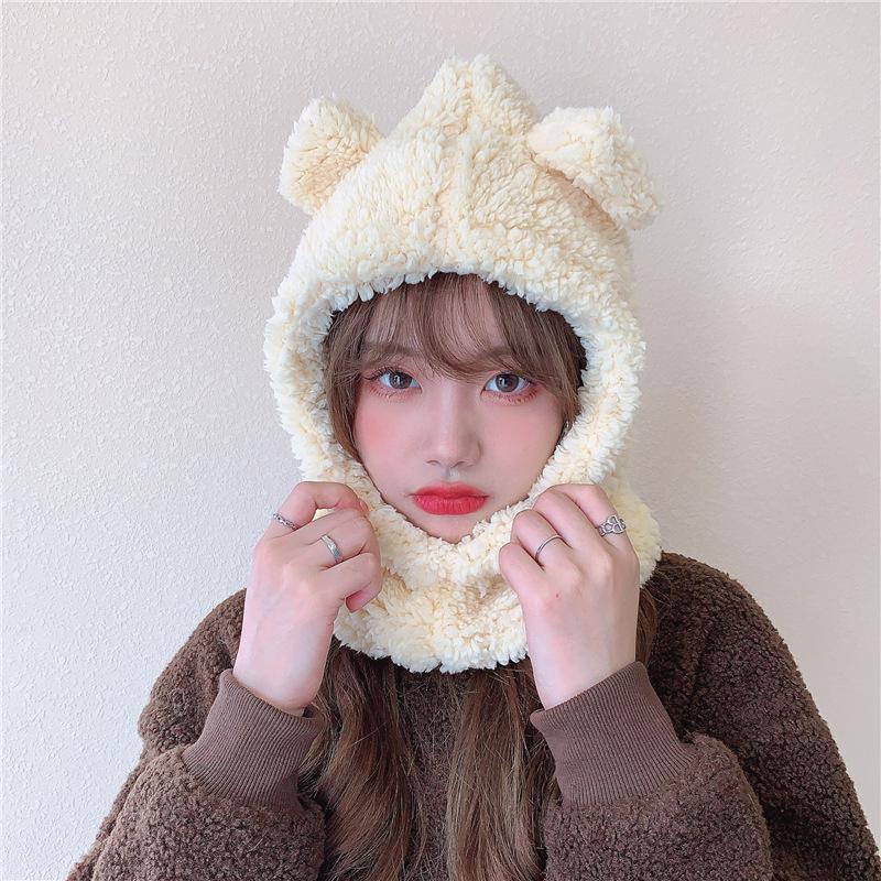 Bear hat women's winter scarf gloves three-piece cotton fleece integrated hooded cute thickened warm ear protector cotton hat
